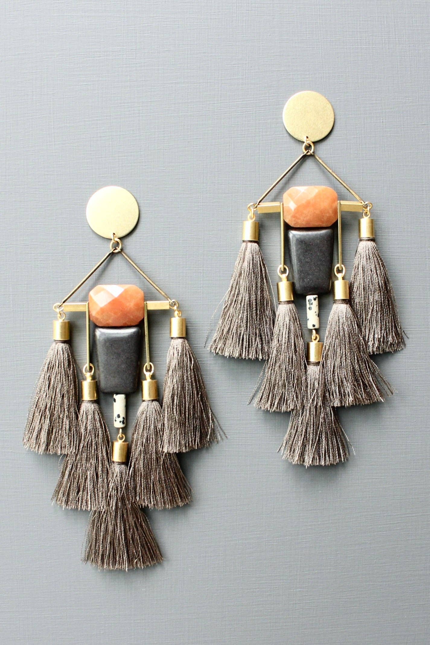 LEXE62 Carnelian jade and black shoulder duster tassel earrings