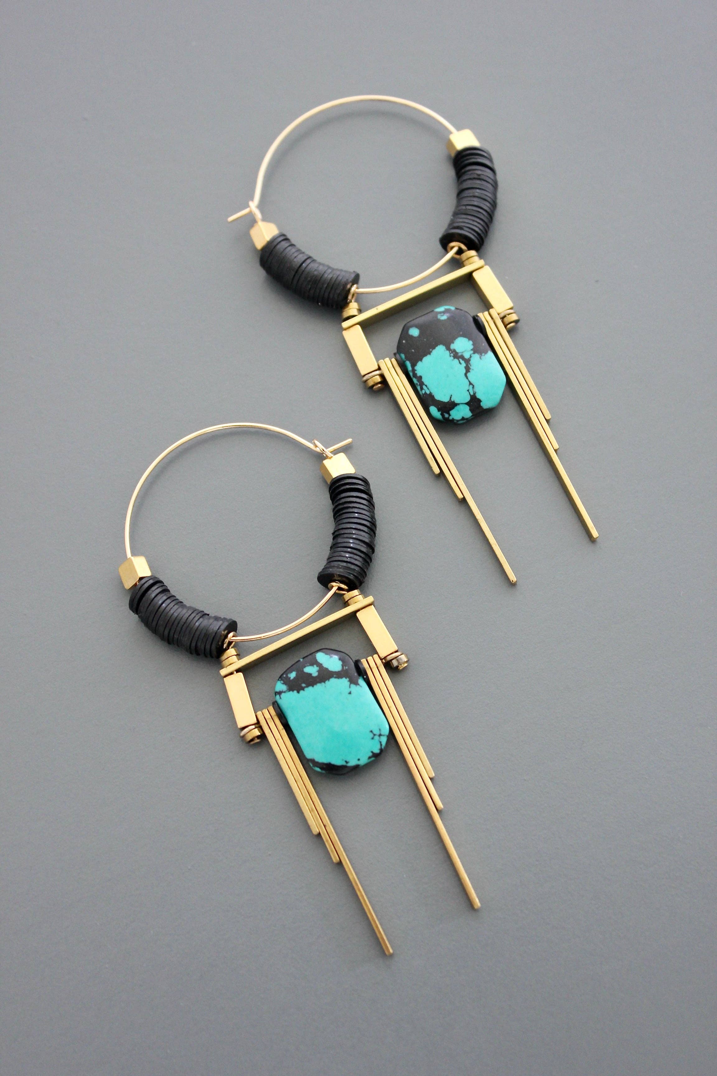 FERE101 Art Deco turquoise hoop earrings