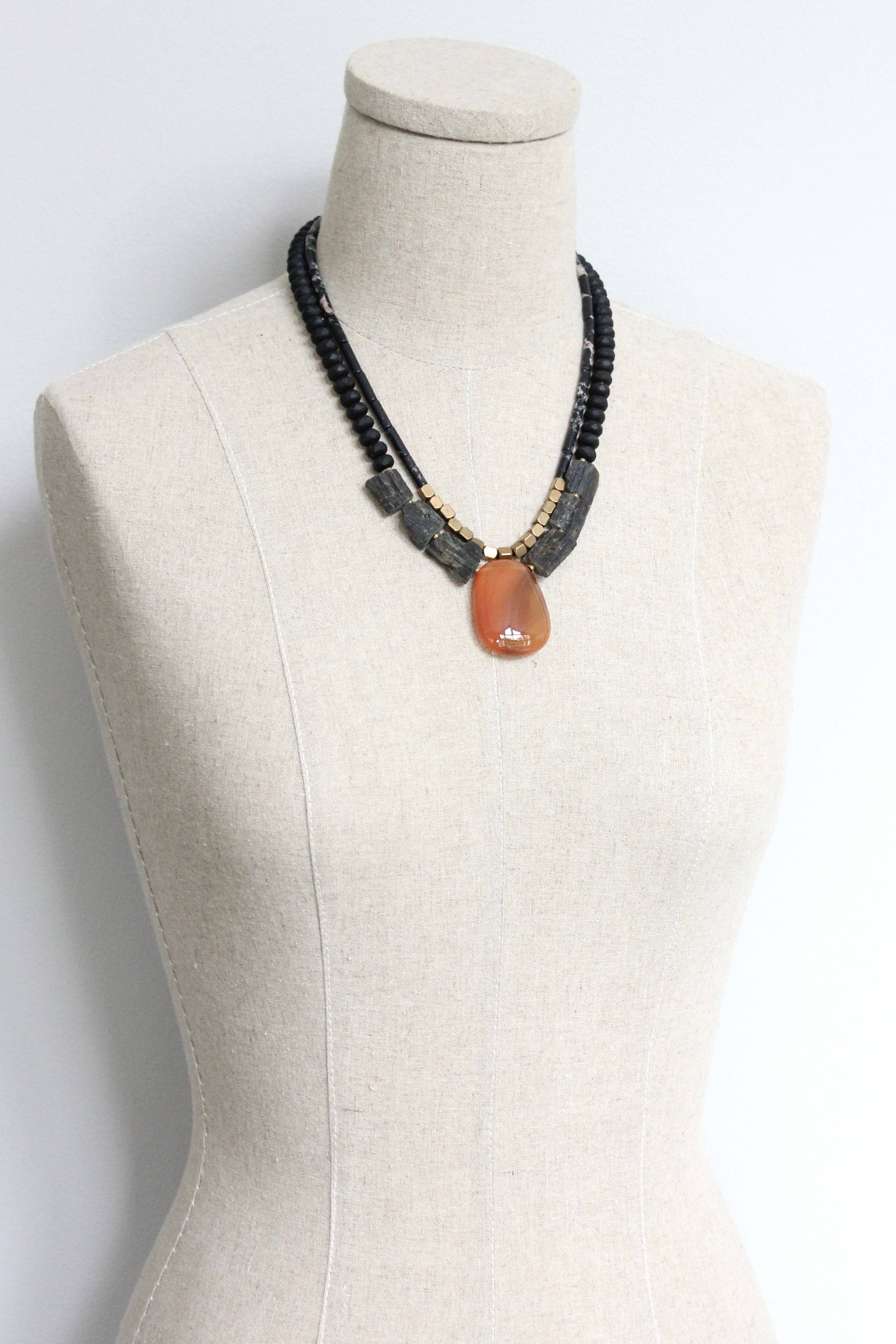 JLT319 double strand tourmaline and carnelian pendant necklace