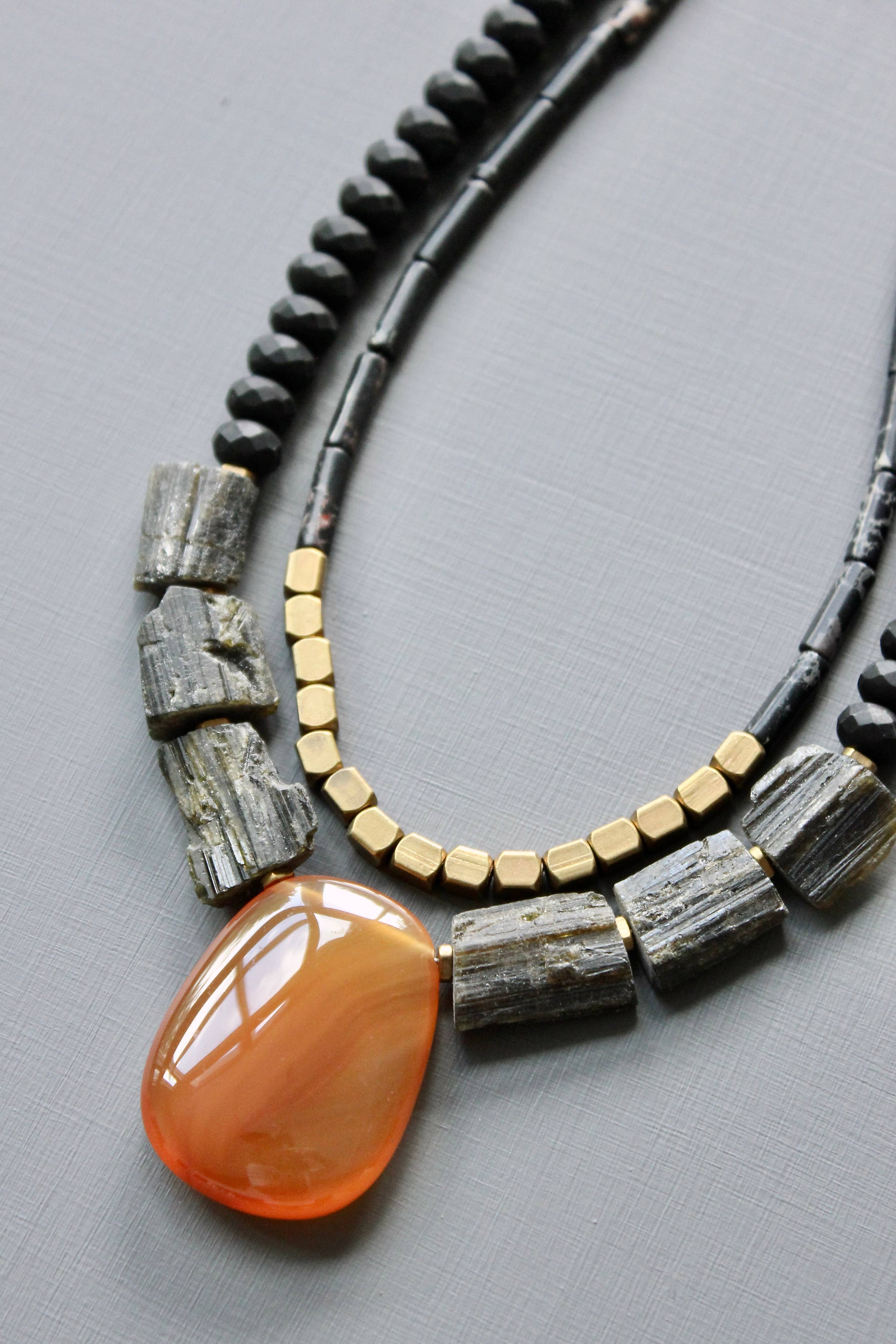 JLT319 double strand tourmaline and carnelian pendant necklace
