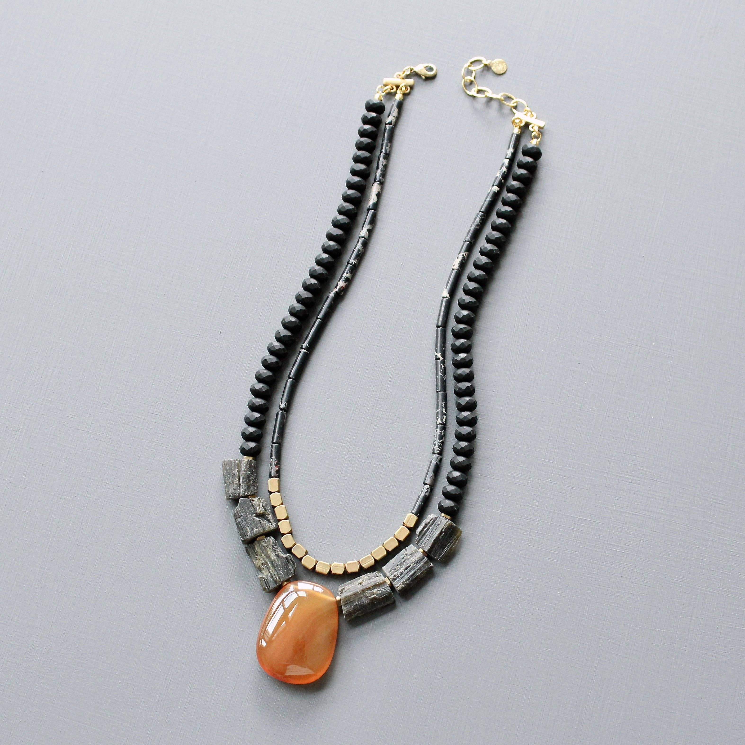 JLT319 double strand tourmaline and carnelian pendant necklace
