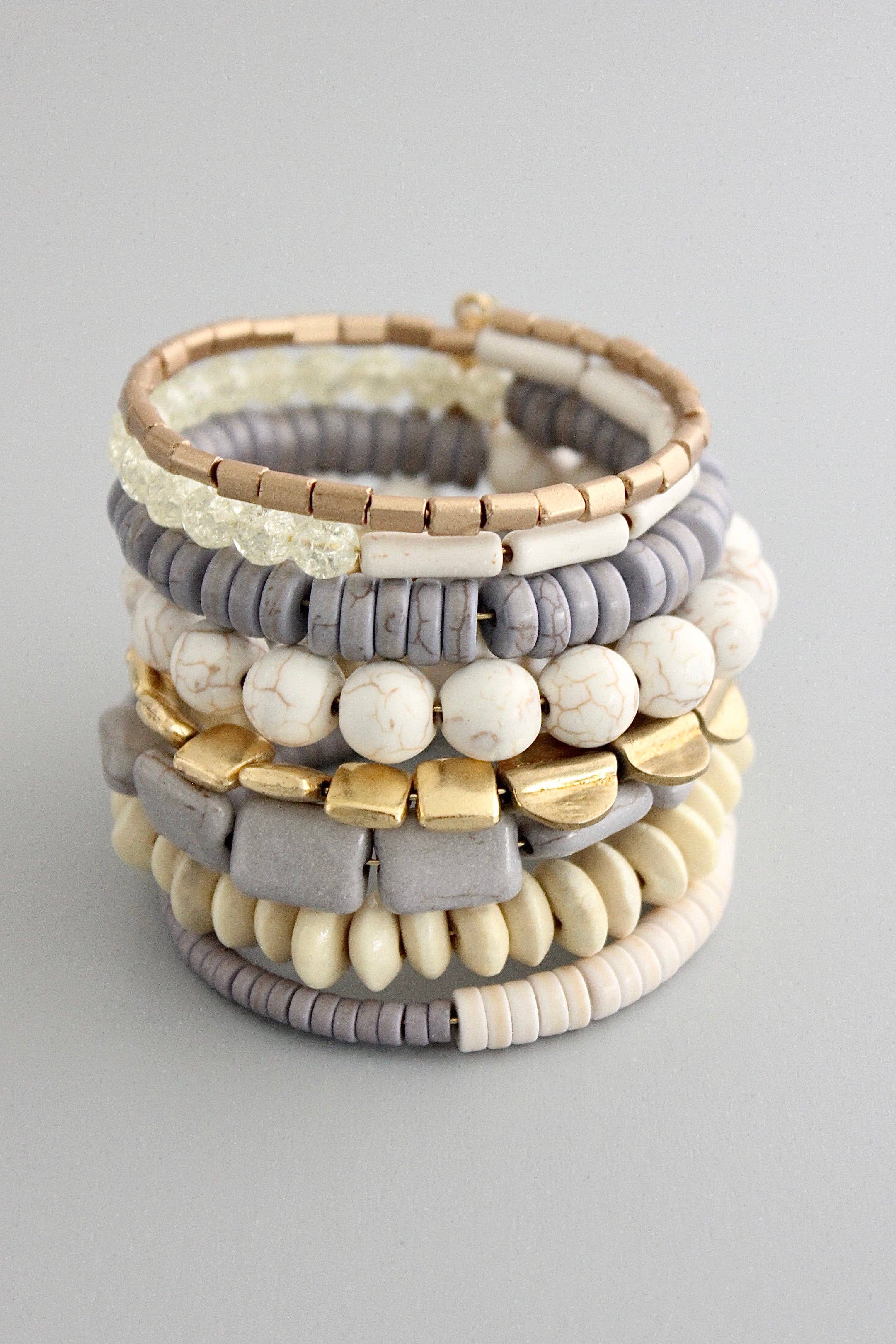 GNDB04 gray, white, and brass wrap bracelet